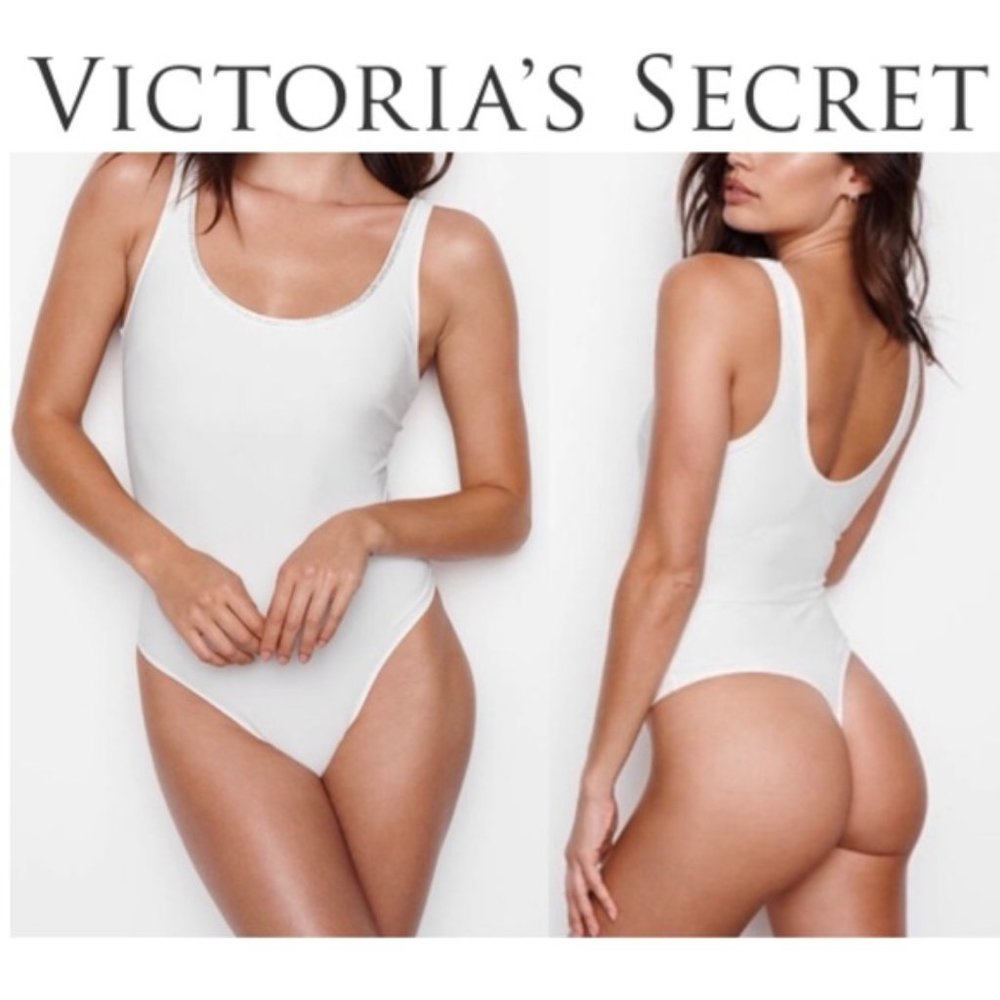 NWOT Victoria's Secret White Rhinestone Trim Bonded Bodysuit/Top Small